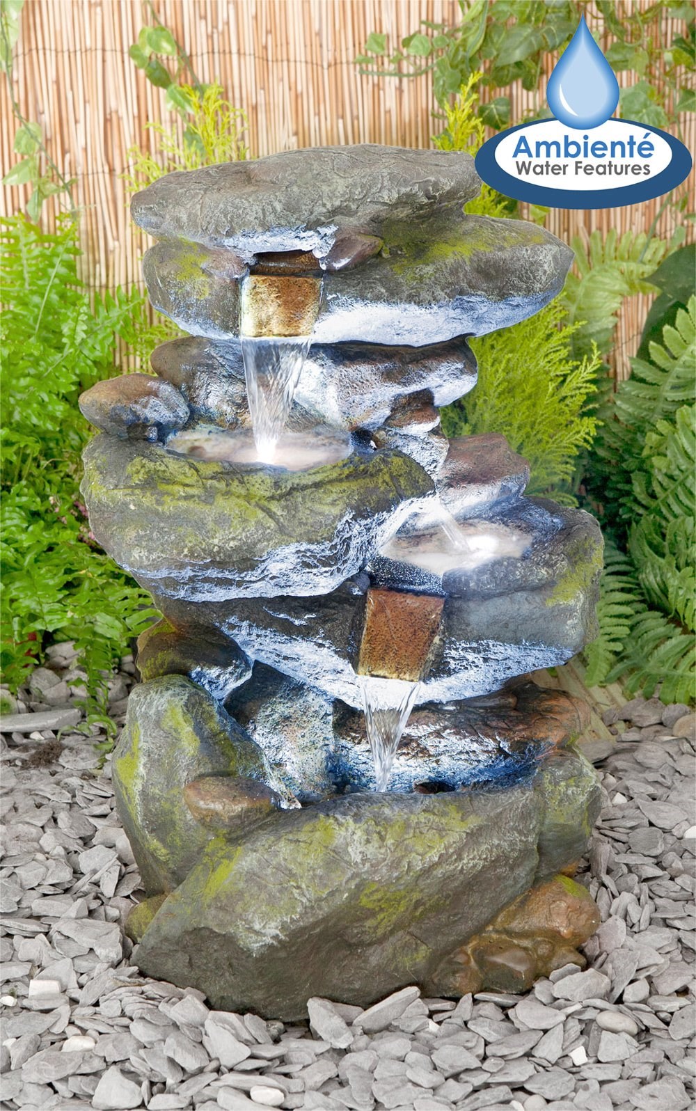 Bekko Falls Stone Effect 3-Tier Rock Cascade Water Feature With LED Lights
