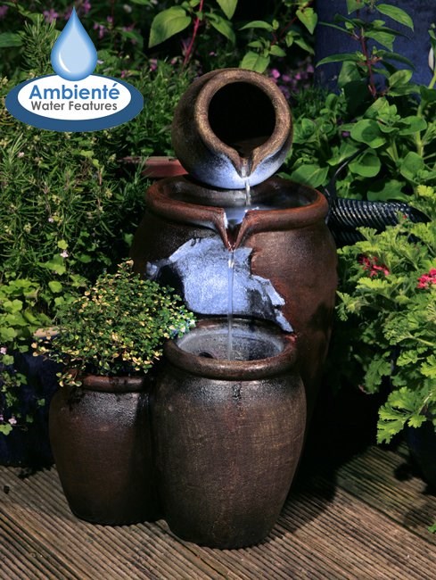 Earthenware Honey Pot Tiered Cascade Water Feature Planter With LED Lights