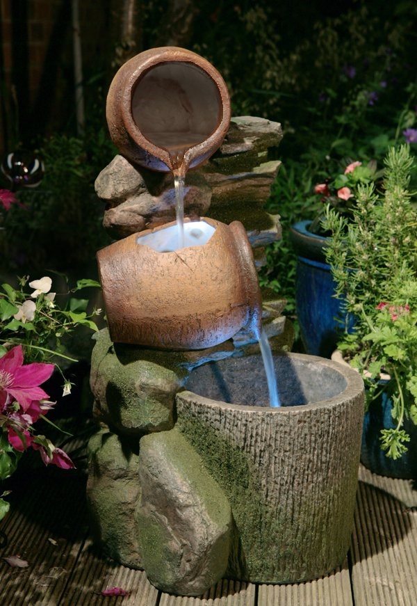 Cottage Honey Pots & Barrel Tiered Cascade Water Feature With LED Lights
