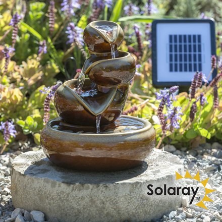 H25cm Cosmos Solar Oil Jar Ceramic Water Feature in Brown - Outdoor & Conservatory Use | Solaray