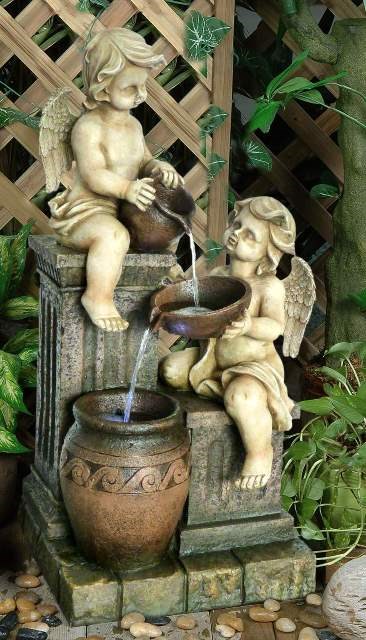 Two Angels with Spilling Urns 3 Tier Water Feature with LED Lighting