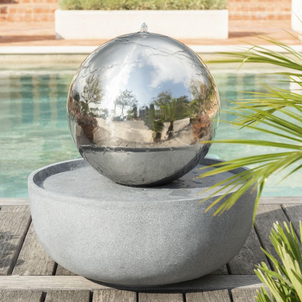 H76cm Eclipse Sphere Stainless Steel Water Feature with Lights by Ambienté