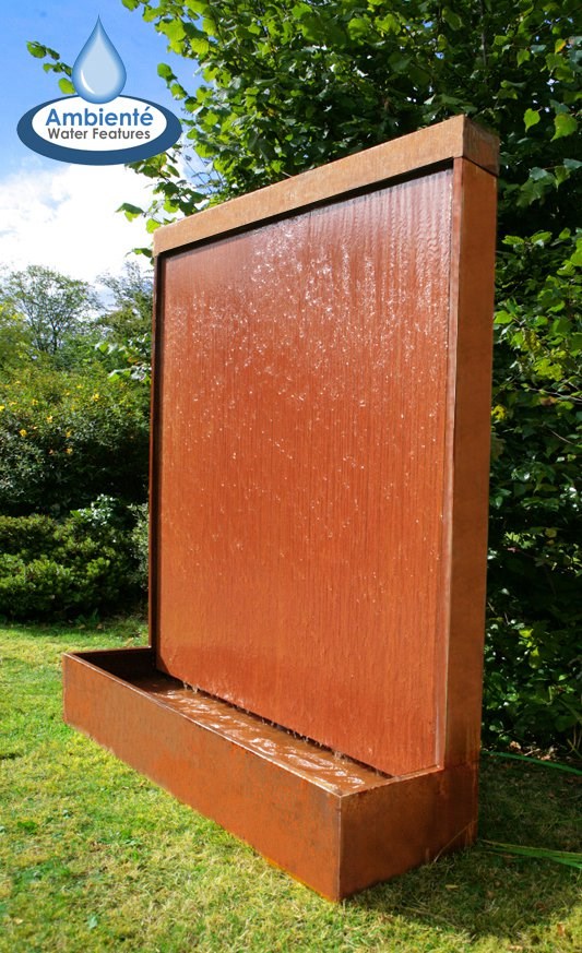 Large Corten Steel Vertical Wall Water Feature With Colour Changing LED Lights