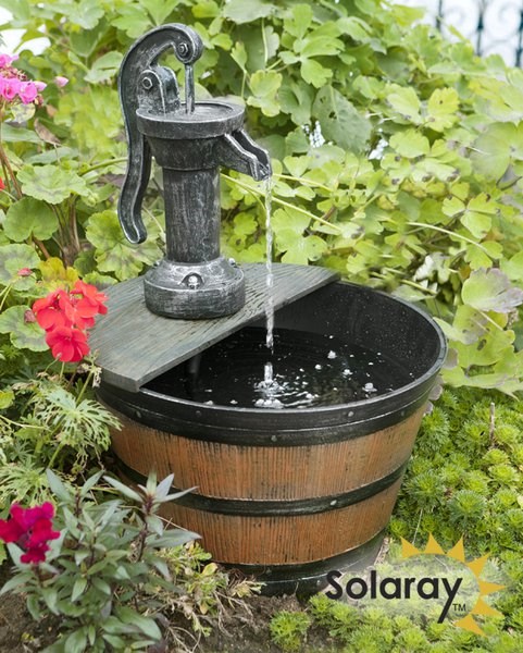 Rustic Solar Barrel & Pump Water Feature