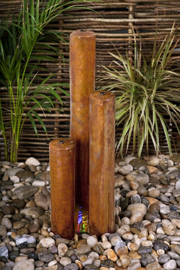 Corten Steel Tiered Tubes Water Feature With Colour Changing LED Lights