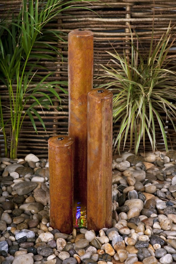 H135cm 3-Tiered Tubes Corten Steel Water Feature with Colour LEDs by Ambienté
