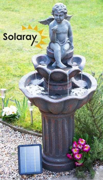 Minel Solar Cherub Bird Bath Water Fountain