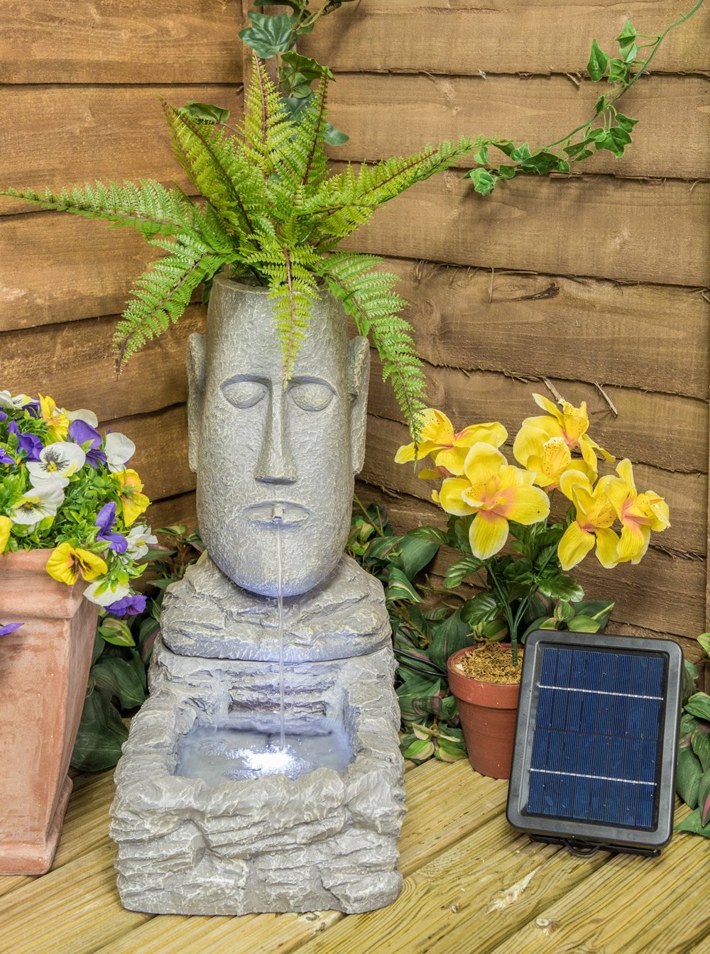 H50cm Easter Island Head Solar Water Feature & Planter with Lights by Solaray