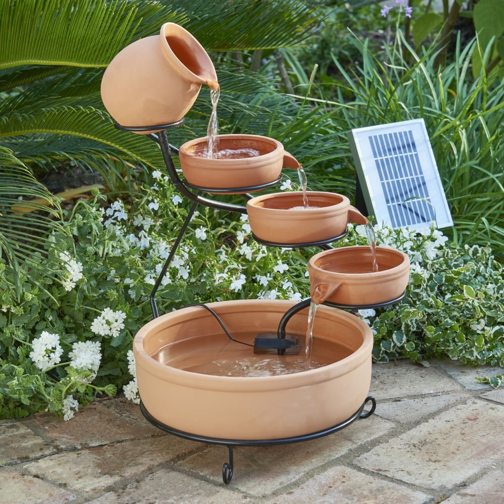 H55cm Terracotta Solar Water Feature with Battery Backup and Lights by Solaray