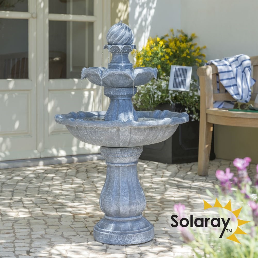 Grey Solar Imperial Tiered Powered Water Feature With LED Lights