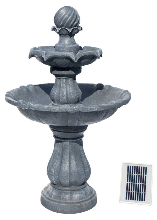 H92cm Grey Imperial Tiered Solar Water Fountain with Lights by Solaray