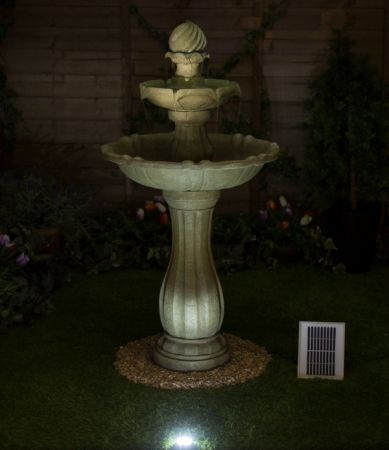 H92cm Cream Imperial Round Tiered Solar Water Fountain with Lights by Solaray