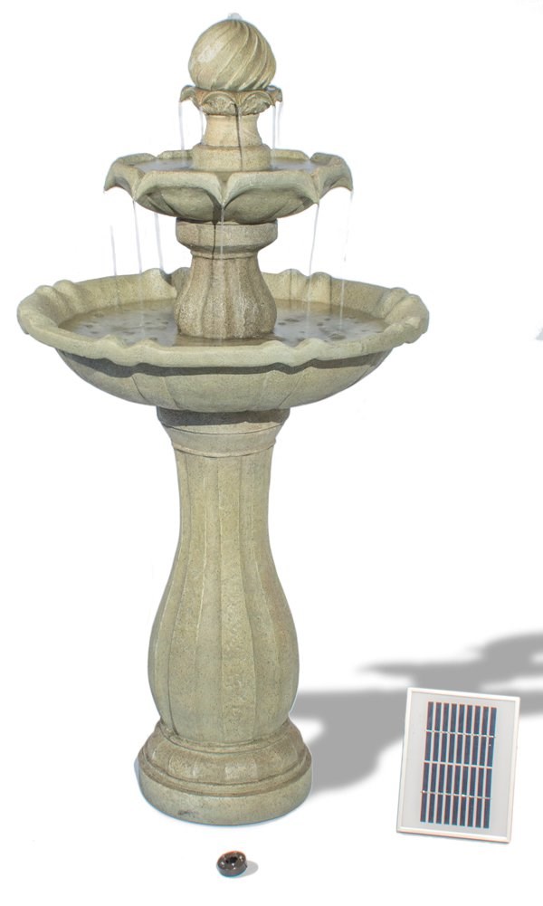 H112cm Antique Imperial Round-Tiered Solar Water Fountain with Lights by Solaray