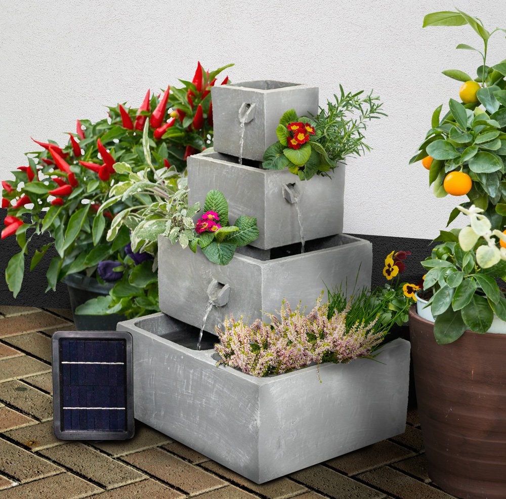 H62.5cm Perth 4-Tier Solar Water Feature & Herb Planter with Lights by Solaray