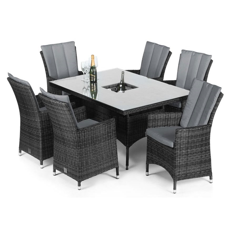 LA 6 Seater Outdoor Rectangular Rattan Dining Set with Ice Bucket in Grey