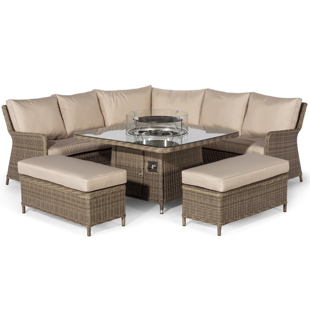 Winchester Royal Rattan Corner Sofa Benches and Table with Fire Pit in Natural