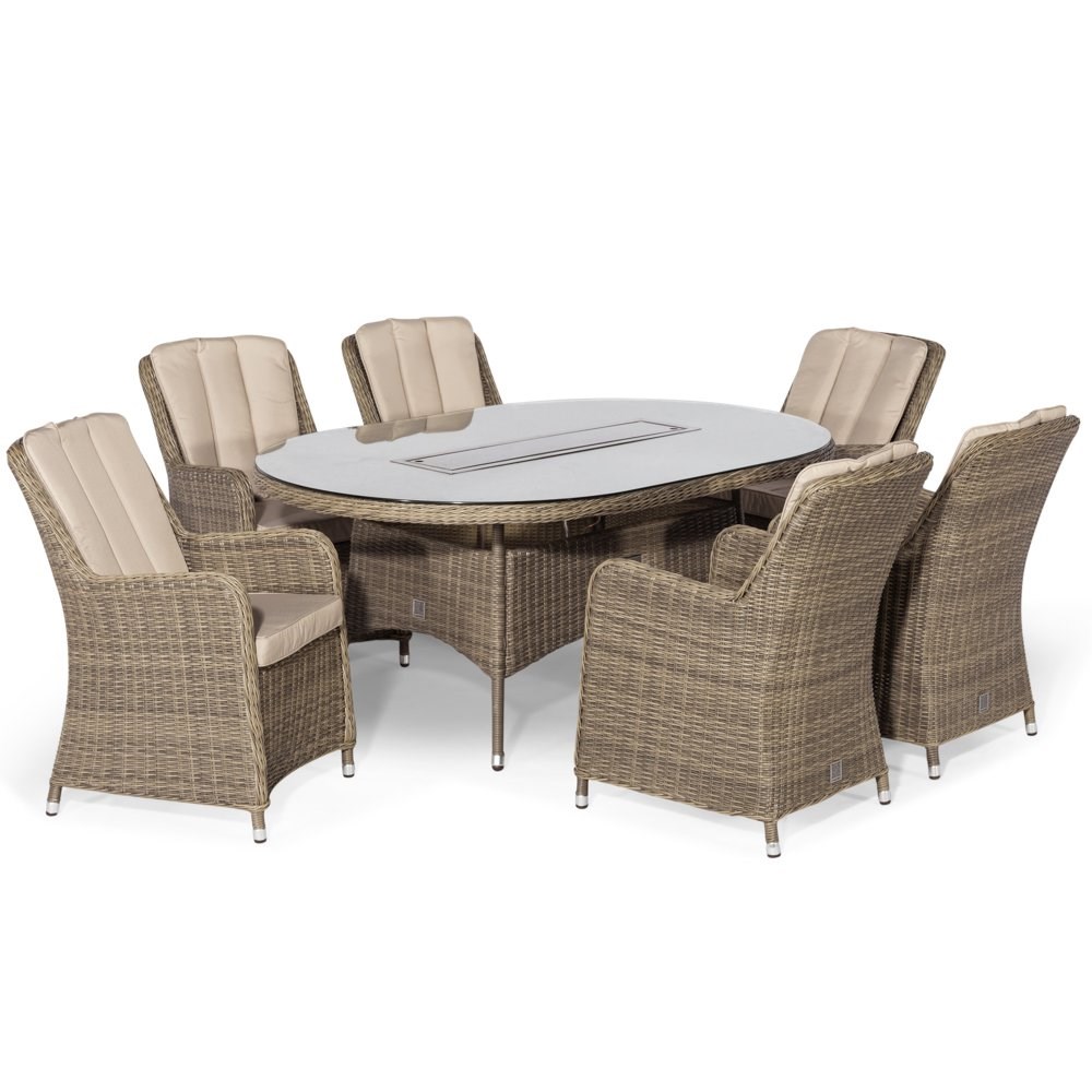 Winchester 6 Seater Rattan Oval Table with Fire Pit Dining Set in Natural