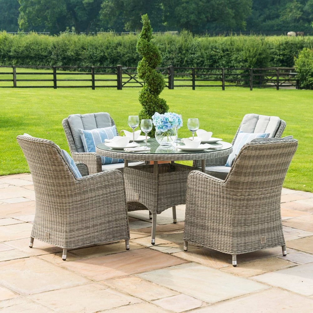 Oxford 4 Seater Garden Rattan Round Table and Chairs Dining Set in Light Grey