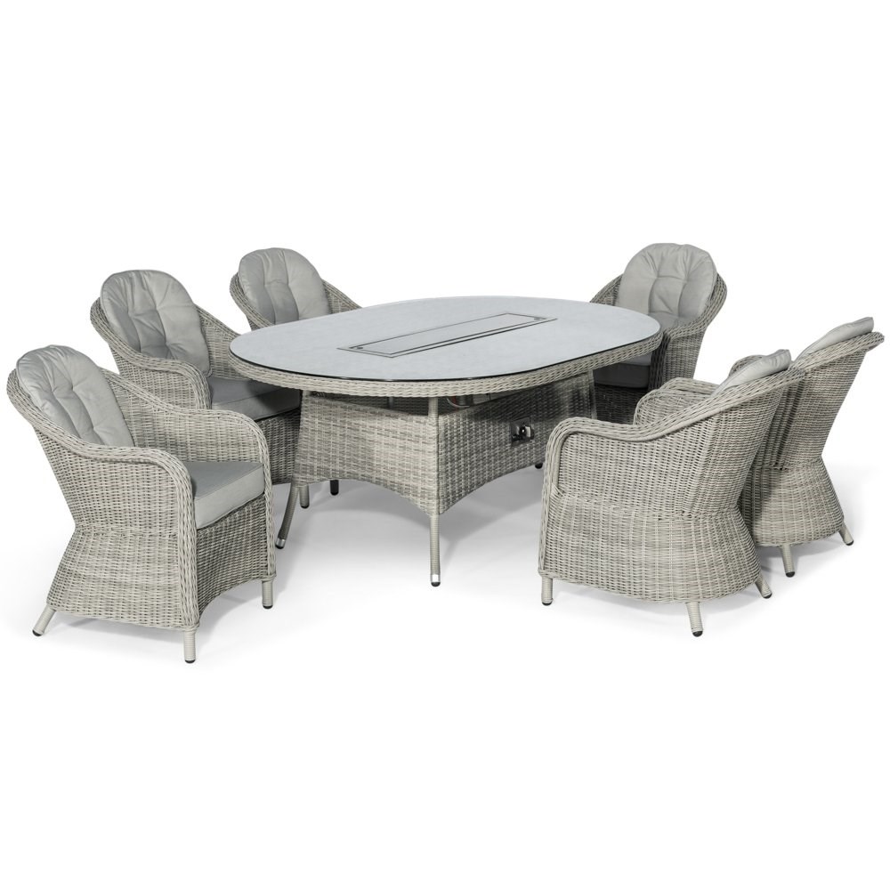 Oxford 6 Seater Oval Rattan Table with Fire Pit and Dining Chairs in Light Grey