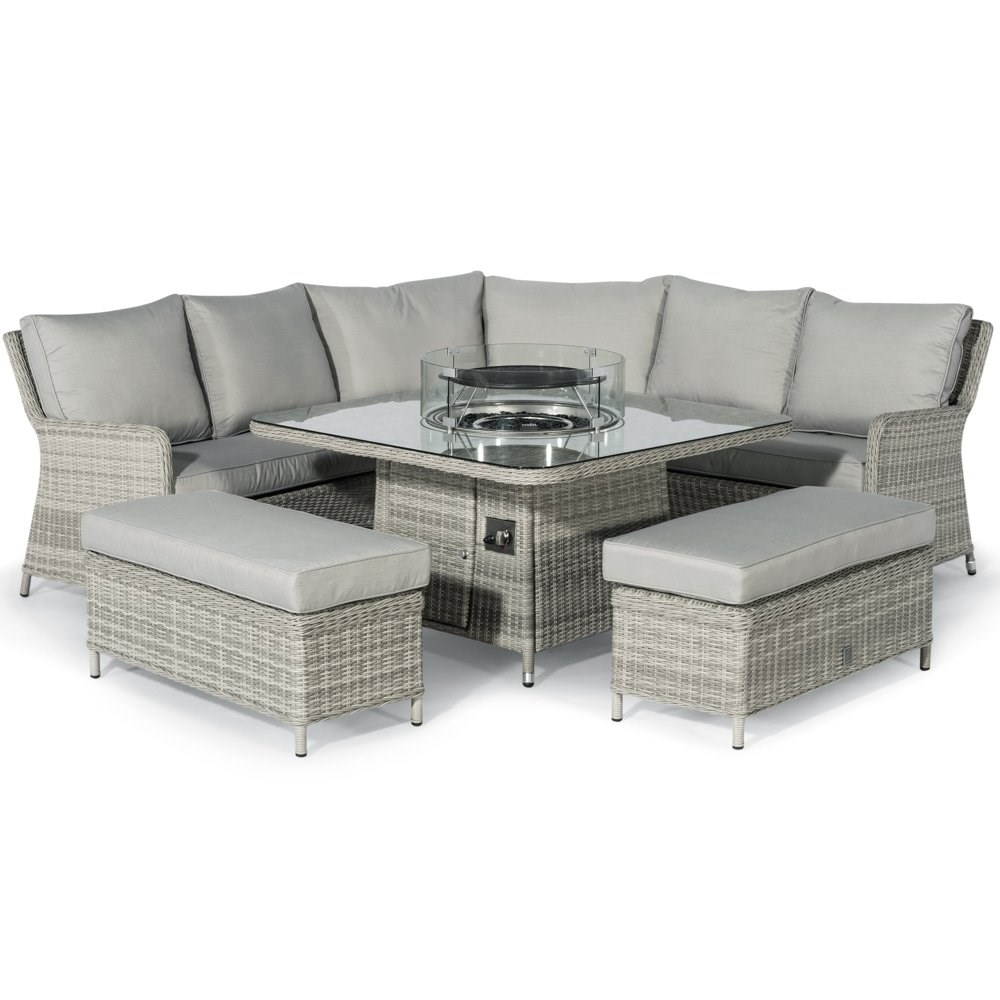 Oxford Royal Rattan Corner Sofa Benches and Table with Firepit in Light Grey