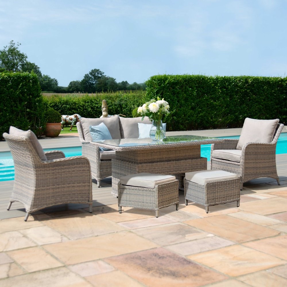 Cotswolds Garden 2 Seater Rattan Sofa Dining with Rising Table in Grey/Taupe