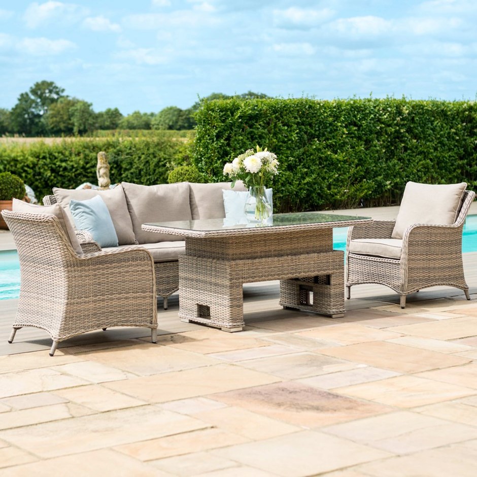 Cotswolds 3 Seater Rattan Sofa Chairs Footstool and Rising Table in Grey/Taupe