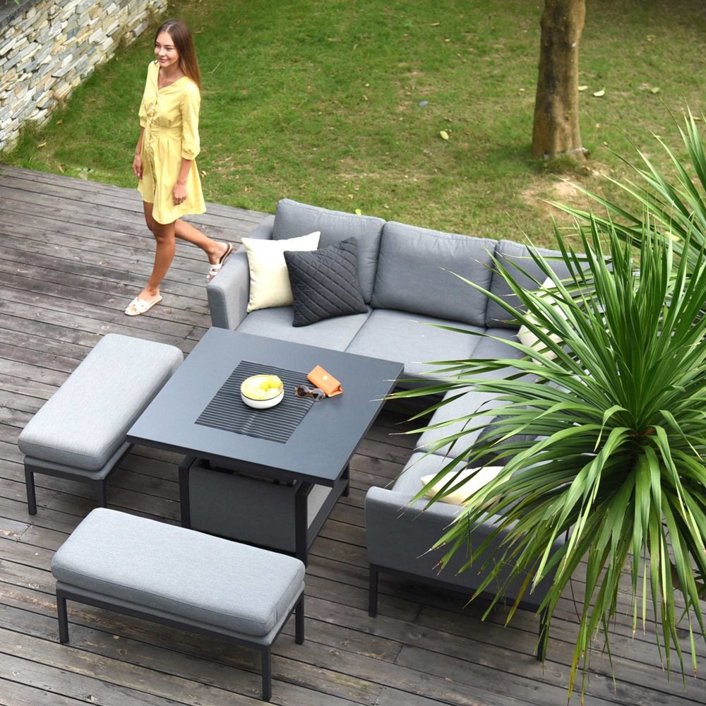 Pulse Square Flanelle Rattan Corner Sofa and Bench Dining Set with Rising Table