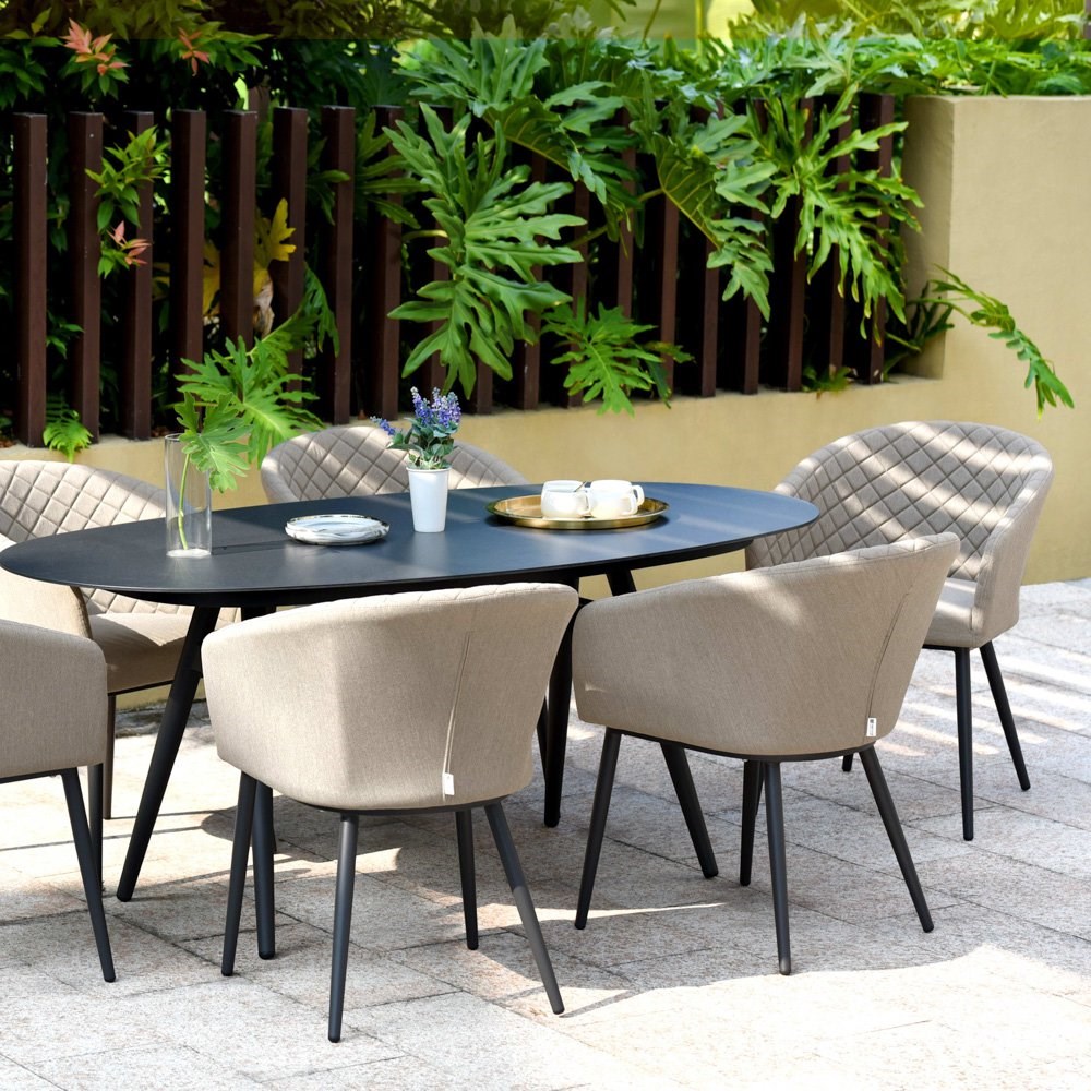 Ambition Garden 6 Seater Rattan Oval Table and Chairs Dining Set in Taupe