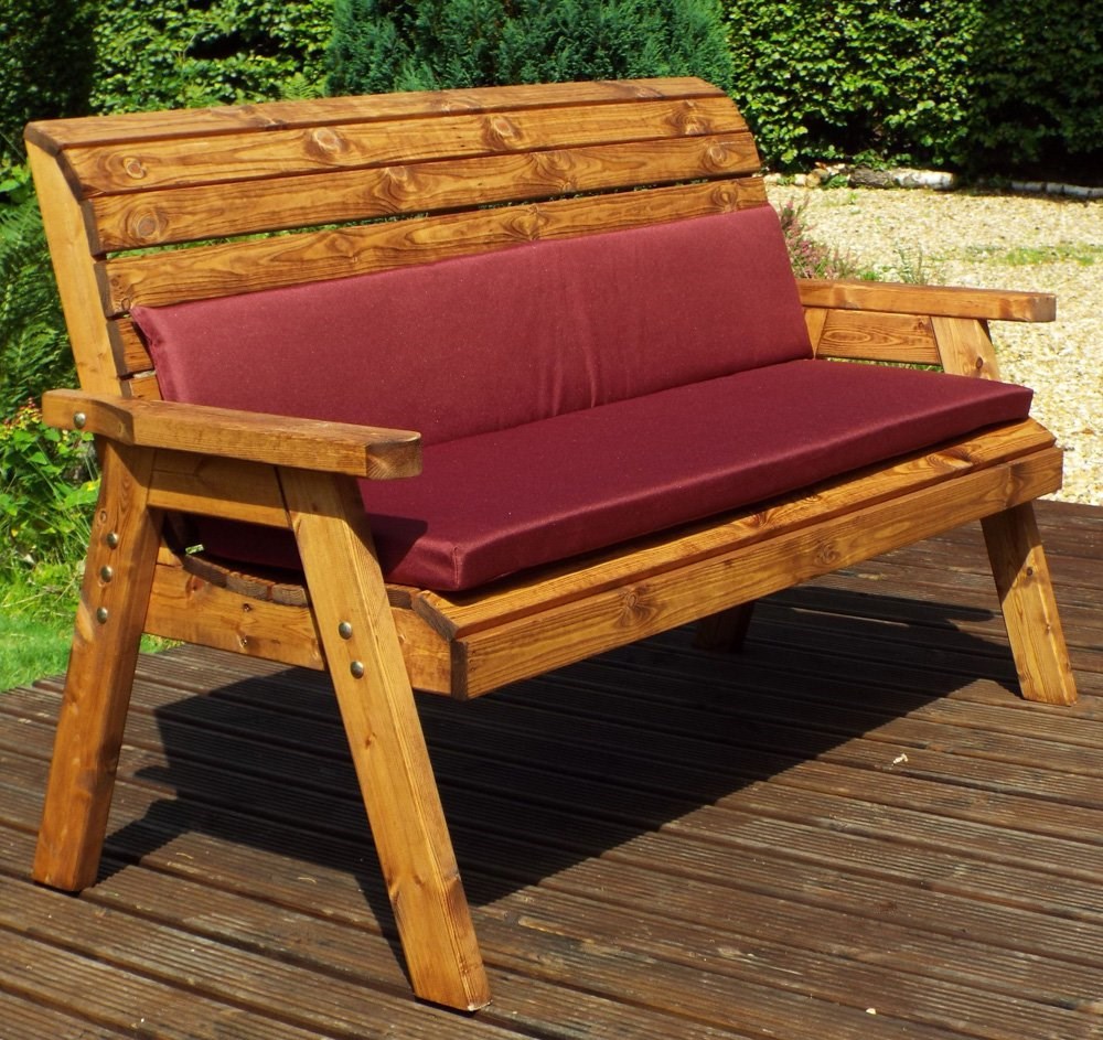 Three Seater Wooden Bench with Burgundy Cushion 