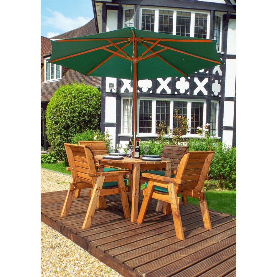 Four Seater Round Table Dining Set With Green Cushions And Parasol (Hb09G)