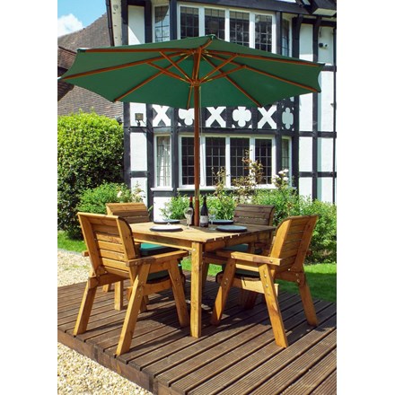 Four Seater Square Table Dining Set With Green Cushions And Parasol (Hb57Gset)