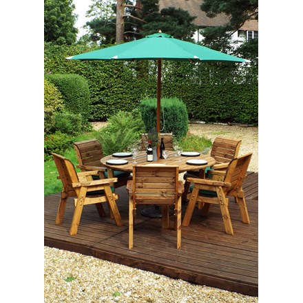 Six Seater Round Table Dining Set With Green Cushions And Parasol (Hb10Gset)