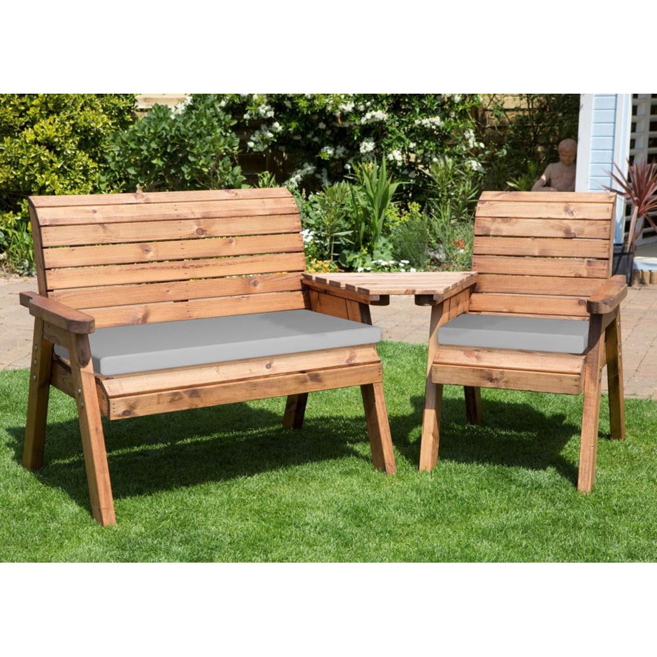 Charles Taylor Wooden Garden 3 Seat Angled Companion Set With Grey Cushion And F