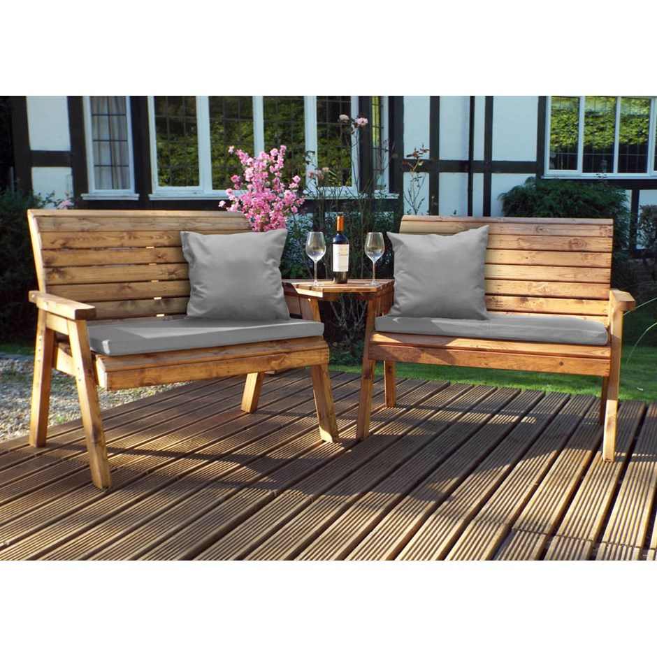 Charles Taylor Wooden Garden Twin Bench Angled Set With Grey Cushion And Standar