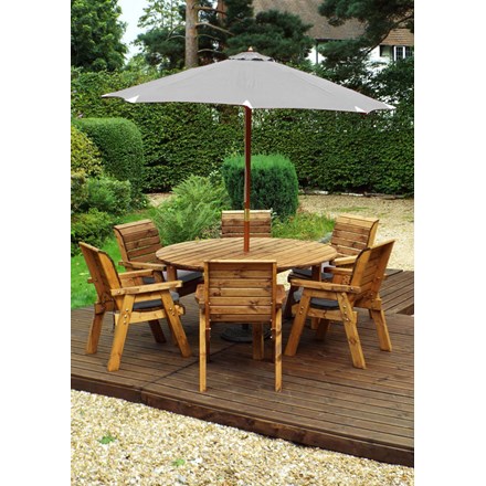 Charles Taylor Wooden Garden Six Seater Circular Table Set With Grey Cushion