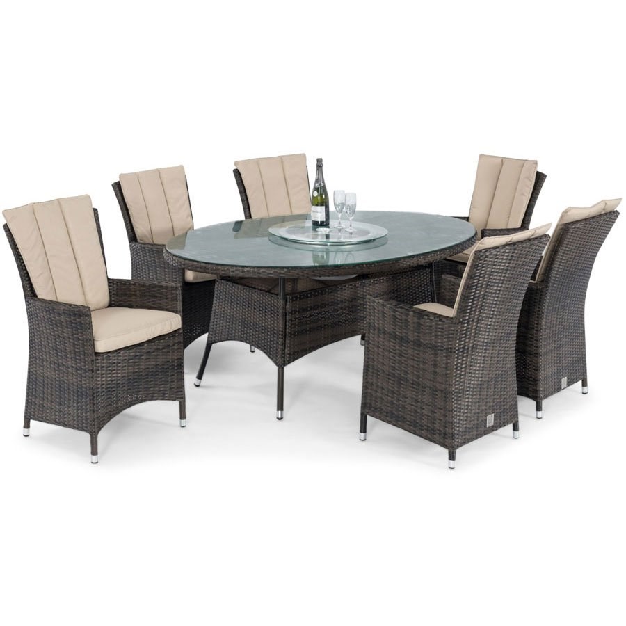 LA 6 Seater Oval Rattan Dining Set with Ice Bucket and Lazy Susan in Brown