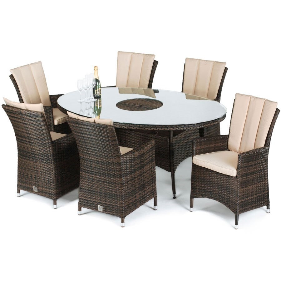 LA 6 Seater Oval Rattan Dining Set with Ice Bucket and Lazy Susan in Brown