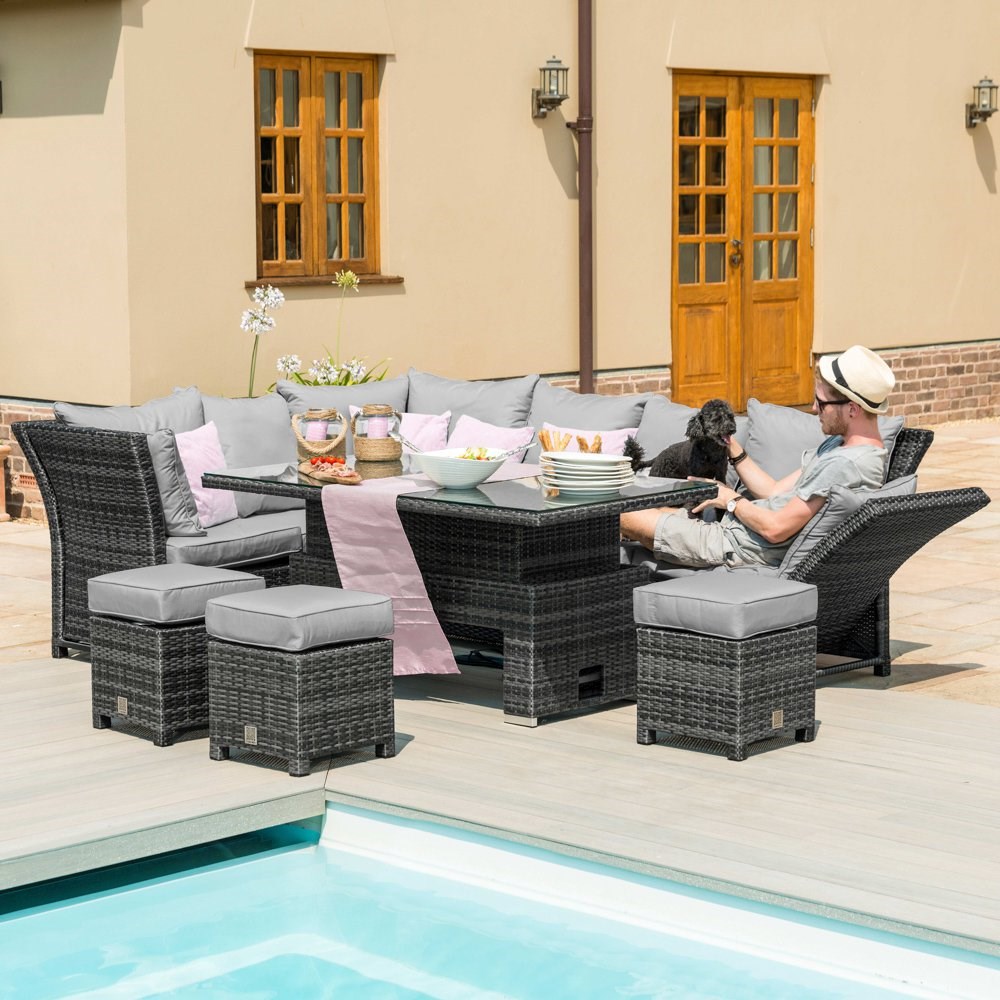 Henley Corner Rattan Garden Dining Set with Rising Table in Grey