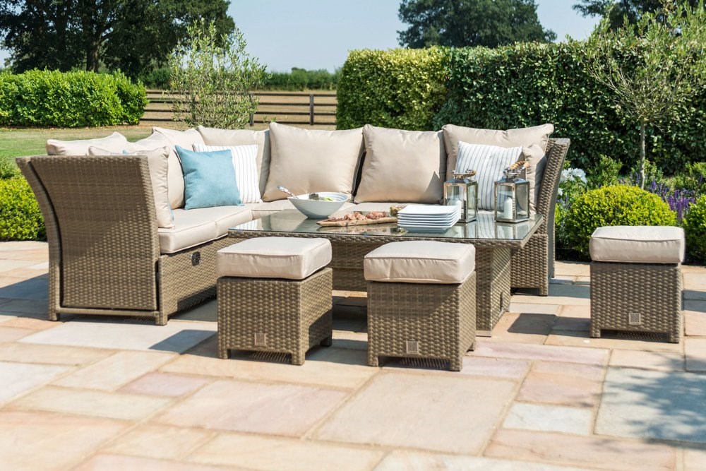 Tuscany Garden Rattan Corner Sofa and Footstools Dining Set in Natural