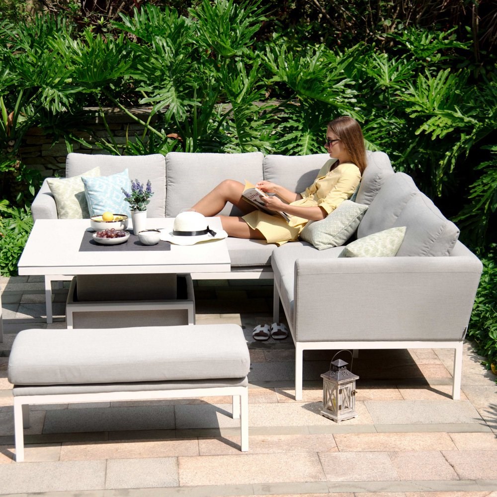 Ambition Square Taupe Rattan Corner Sofa and Bench Dining Set with Rising Table