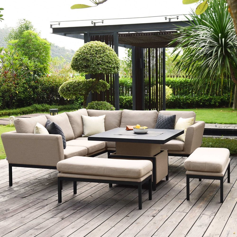 Pulse Square Taupe Rattan Corner Sofa and Benches Dining Set with Rising Table
