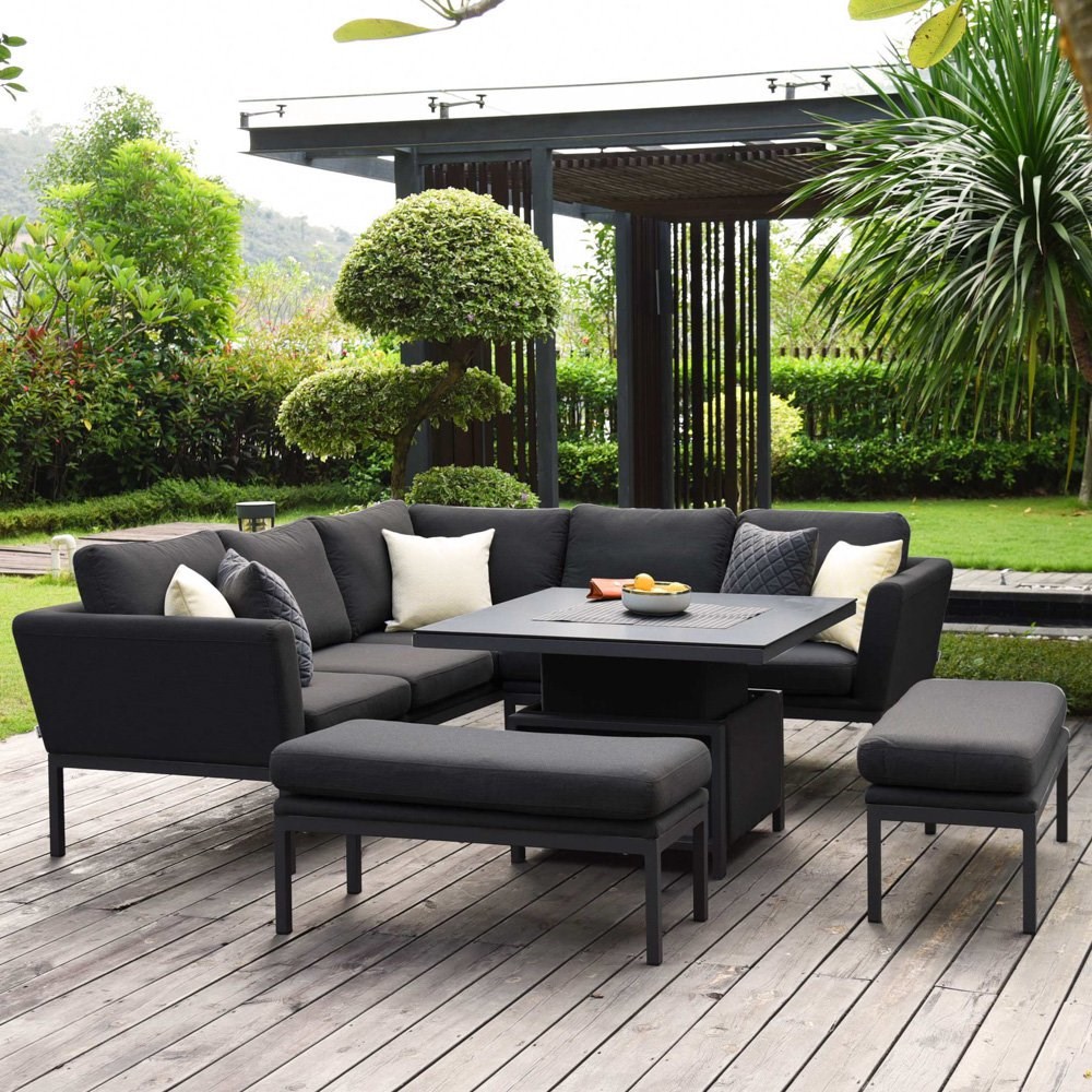 Pulse Square Charcoal Rattan Corner Sofa and Bench Dining Set with Rising Table