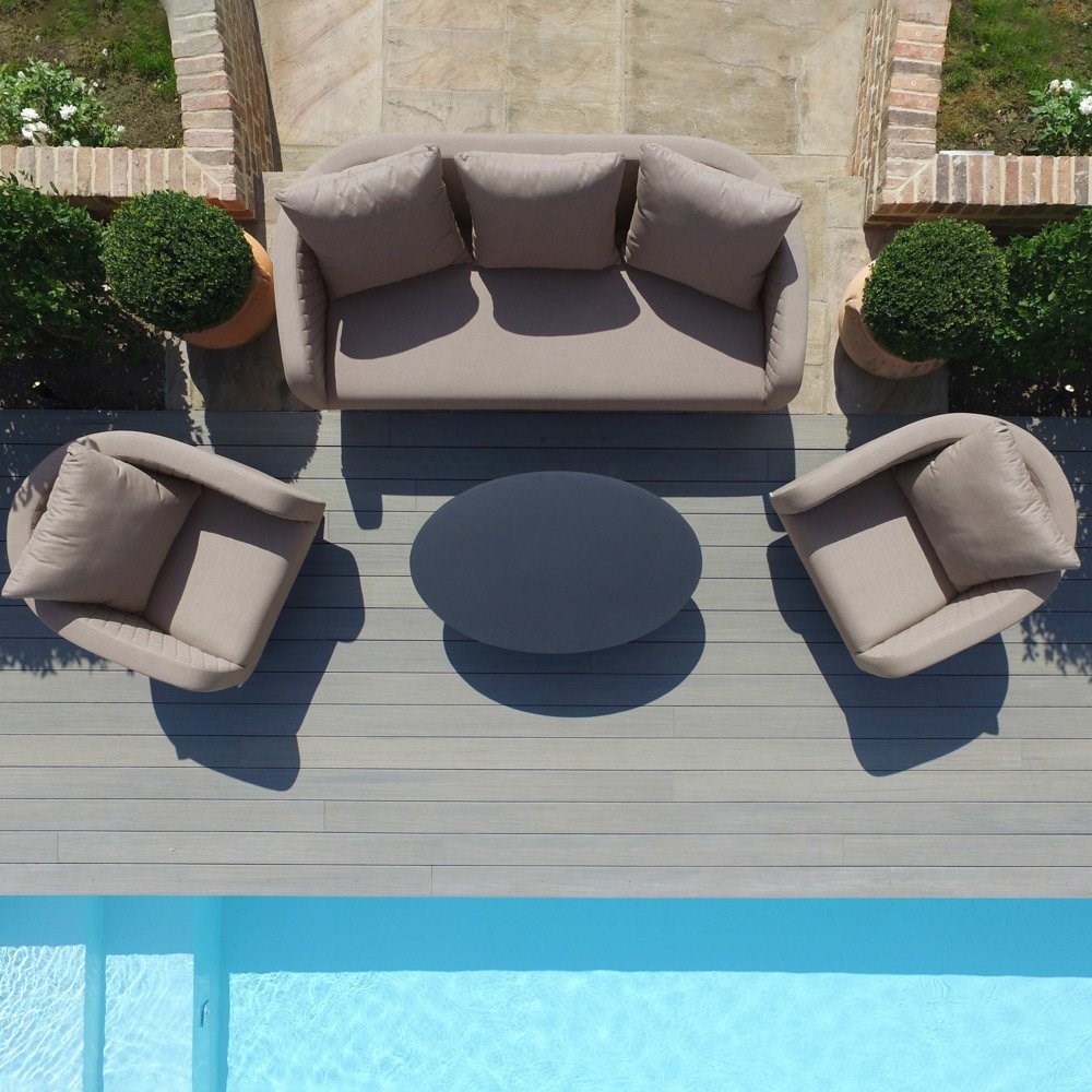 Ambition Garden 3 Seater Rattan Sofa Armchairs and Coffee Table Set in Taupe