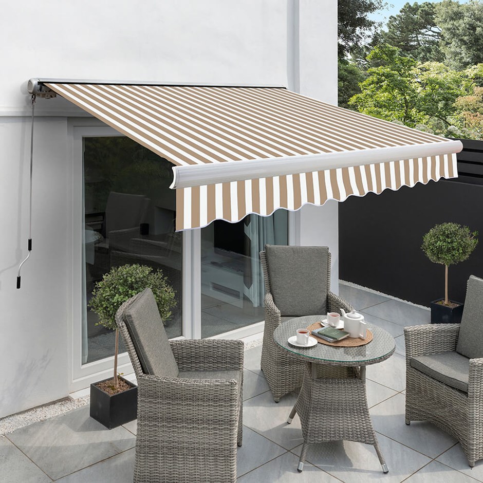 Full Cassette Electric Awning | Brown & White Stripe