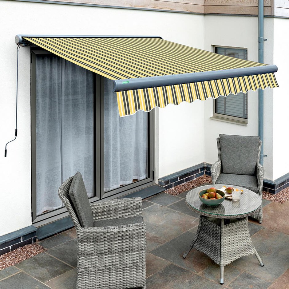 Full Cassette Electric Awning (Charcoal Cassette) | Yellow & Grey Stripe
