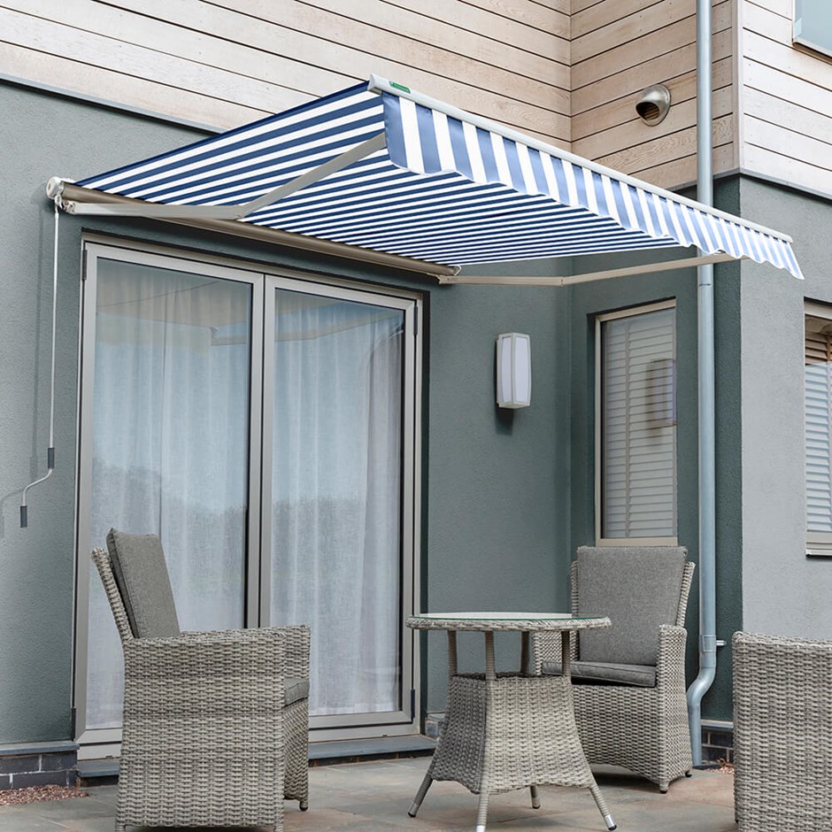 Half Cassette Electric Awning | Blue & White Stripe