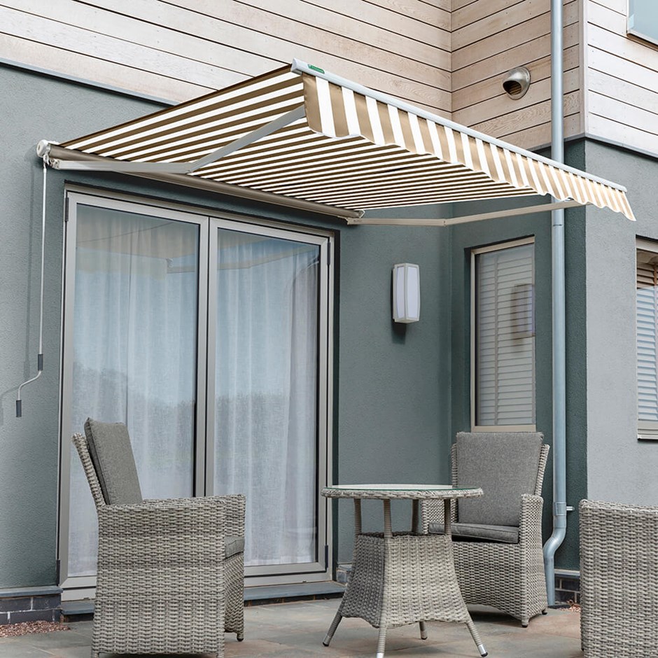 Half Cassette Electric Awning | Brown & White Stripe