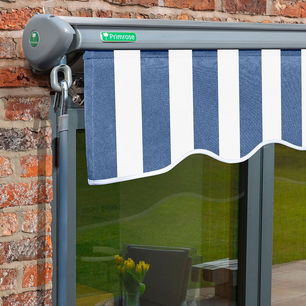 Half Cassette Electric Awning (Charcoal Cassette) | Blue & White Stripe