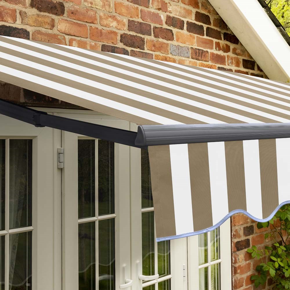 Standard Manual Awning (Charcoal Cassette) | Brown & White Stripe