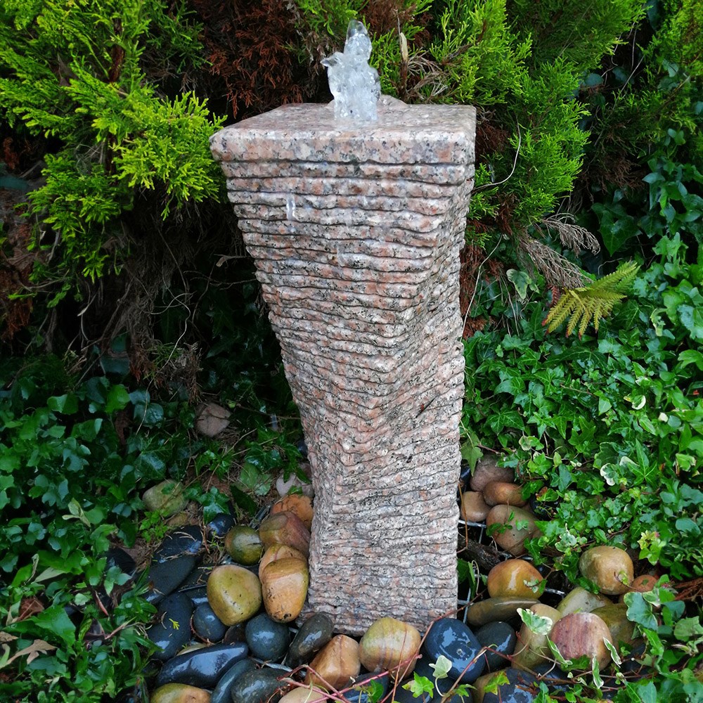 Large Pink Granite Drilled Twisted Column Water Feature